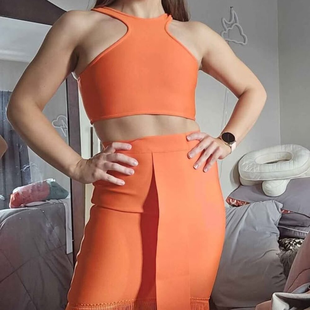 Orange Bandage Two Piece Fringe Dress
